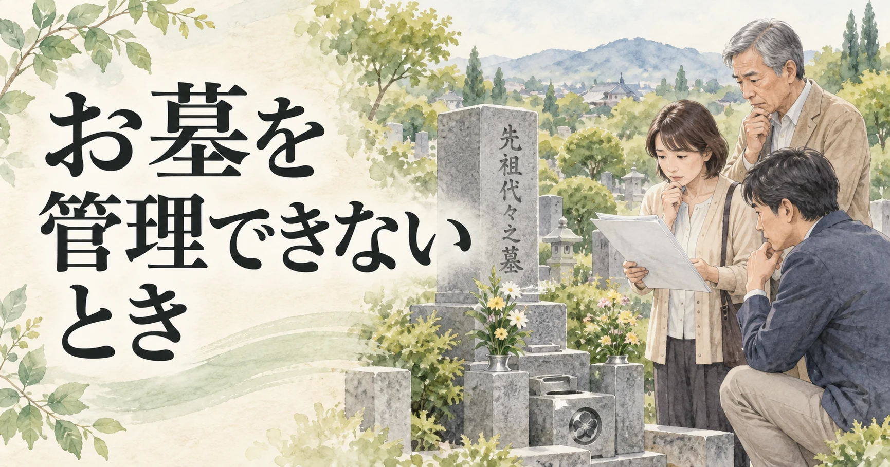 遠方のお墓の管理方法を家族で相談する水彩イラスト