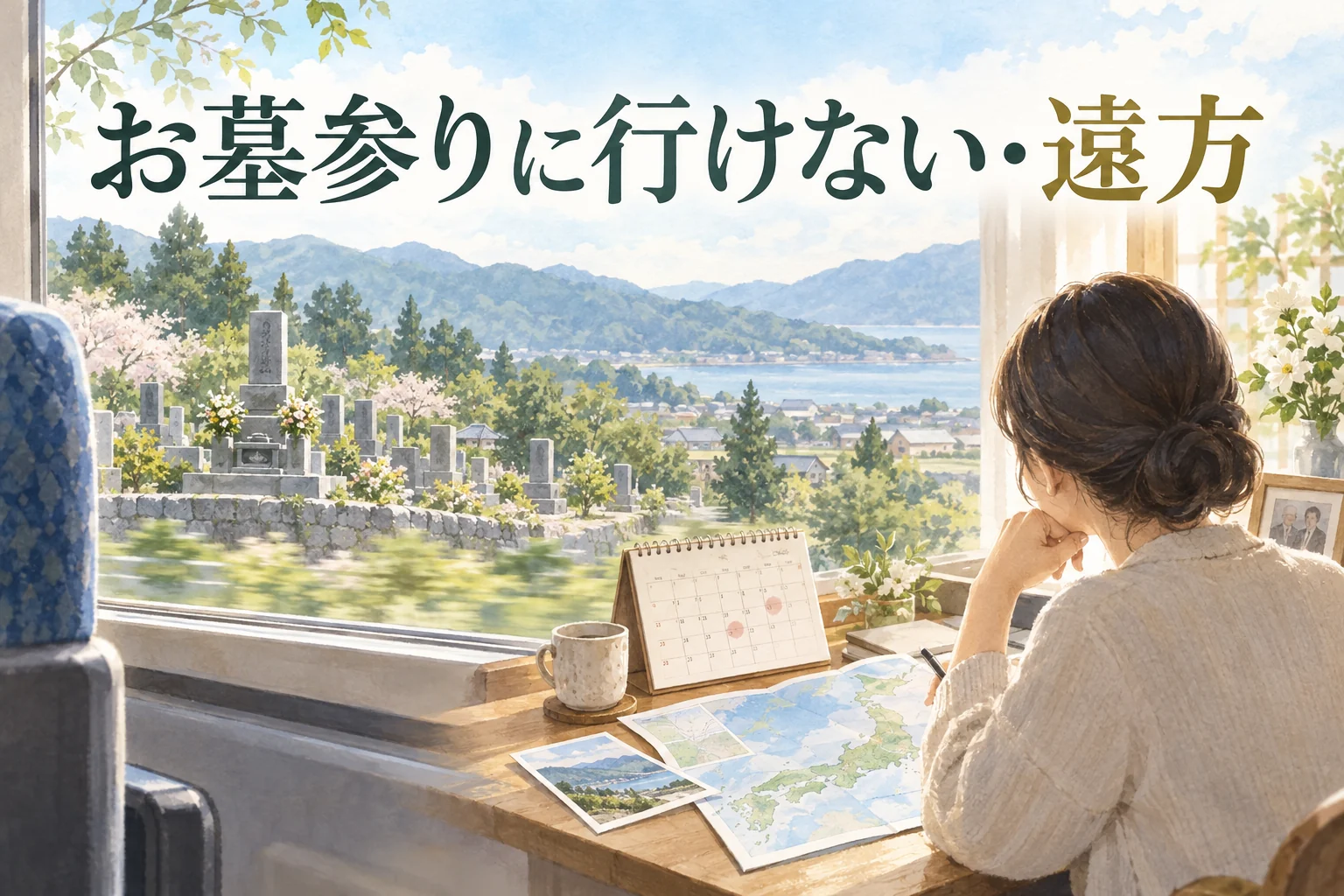 遠方のお墓へ行けない人が地図と予定を見ながら供養の方法を考えるイラスト