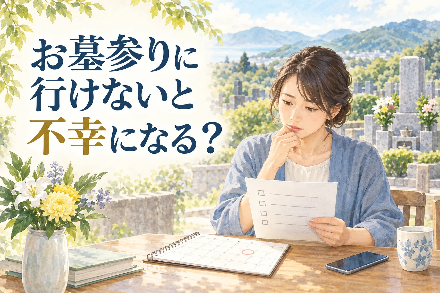お墓参りに行けない不安を家族とチェックリストで整理する人のイラスト