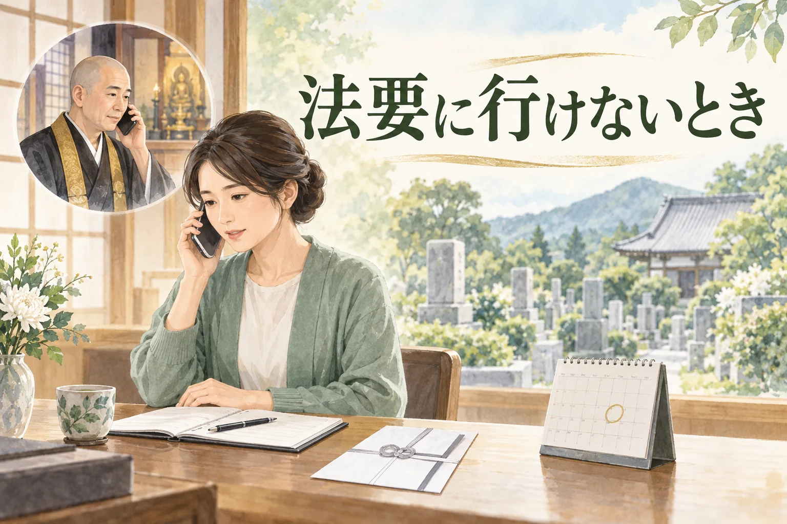 法要に行けない人が寺院へ電話し予定表と案内を確認するイラスト