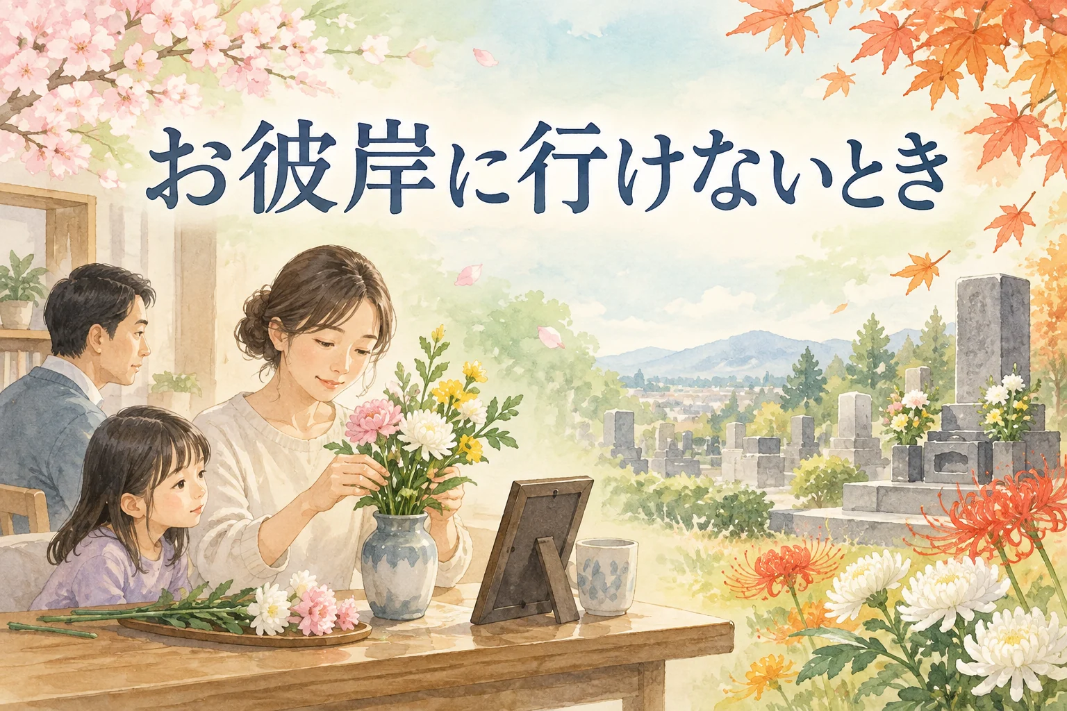 お彼岸に行けない家族が花と予定表を見ながら供養の方法を考えるイラスト