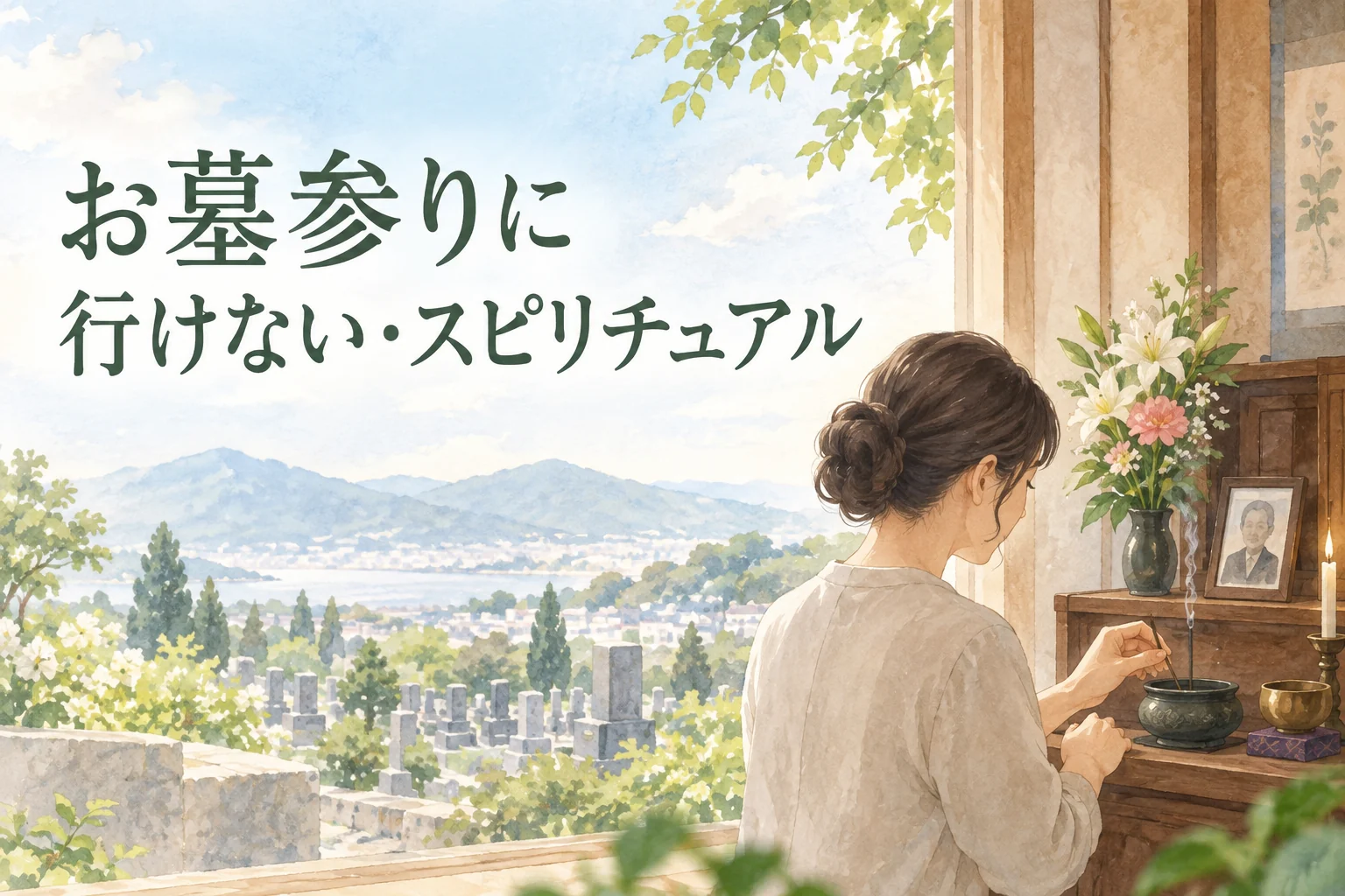 自宅で手を合わせながらお墓参りに行けない不安を静かに整理する人のイラスト