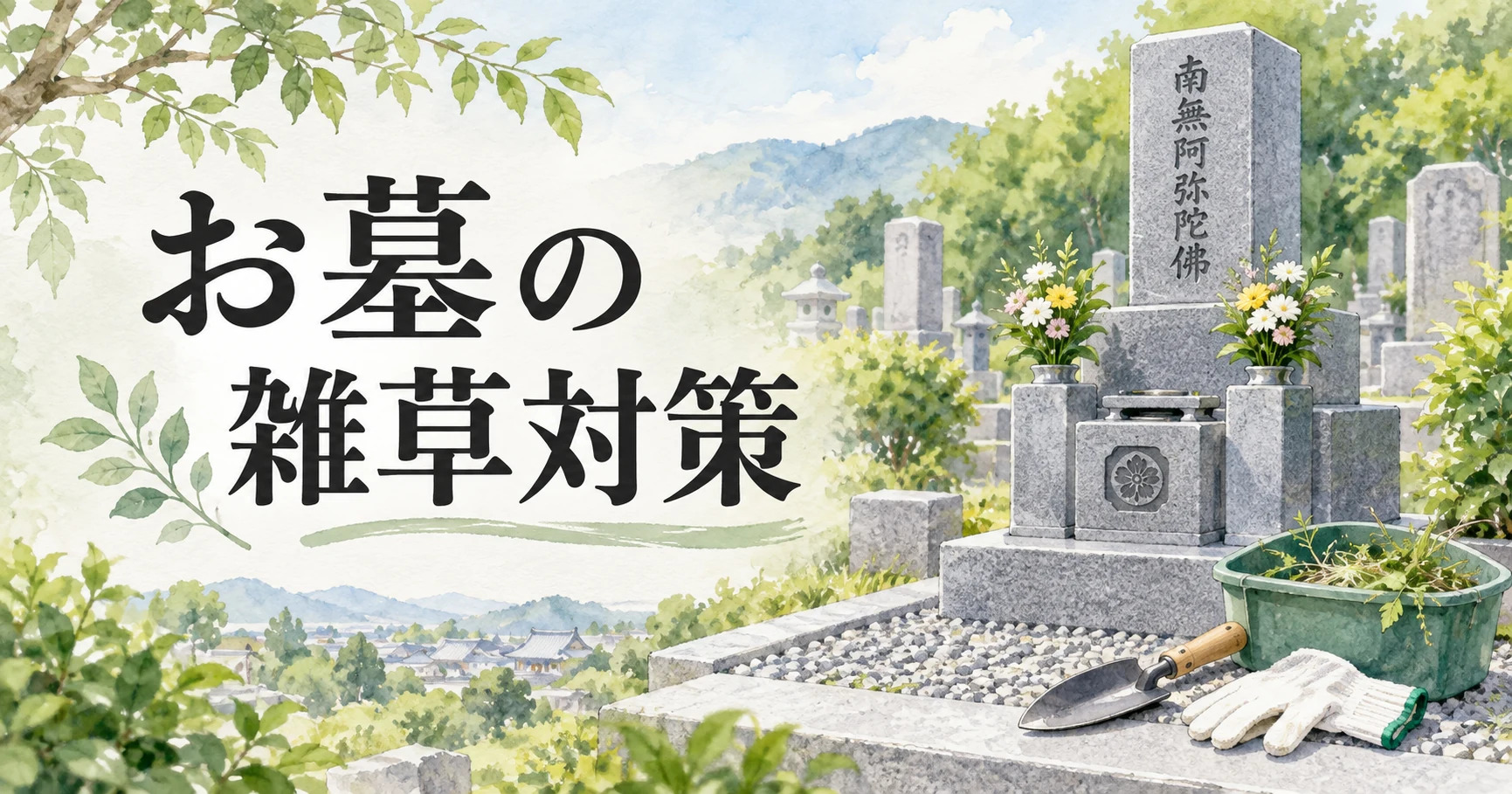 墓石の周りの雑草を手袋と道具で整えるお墓の管理の水彩イラスト
